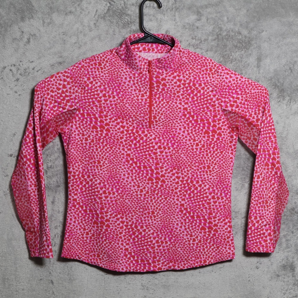 IBKUL Sun Shirt Women Medium Pink Heart Mock Neck 1/4 Zip Tennis Golf Pickleball
